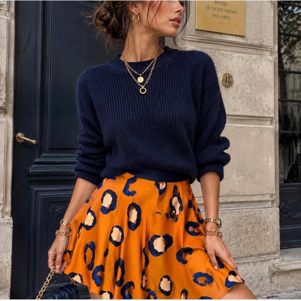 3.1 Phillip Lim Leopard Animal Print Skater Mini Flowy Skirt Orange Navy 14